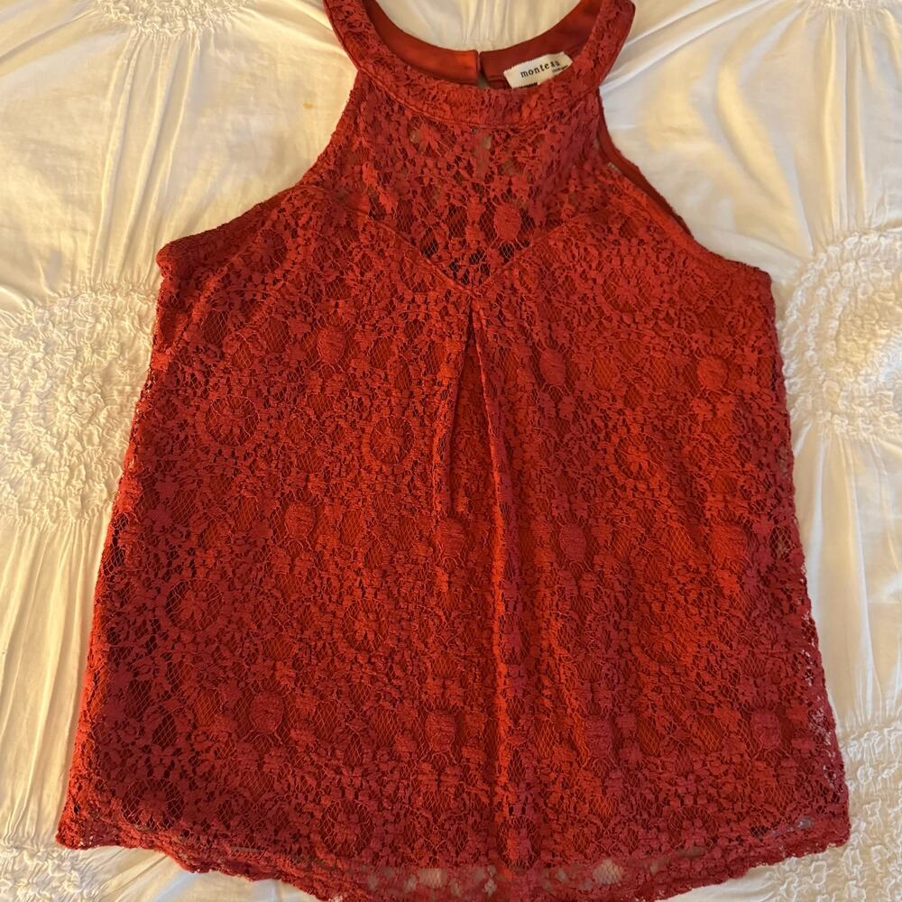 Monteau Red Tank Top Sz S Lace Sleeveless Racerback Rust Boho Chic Festival